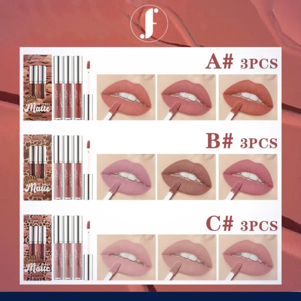 Farjun Matte Non-Stick Liquid Lip Gloss – Set of 3pcs No stickiness. No smudging. Just 3 bold matte shades that stay on all day and keep your lips soft, smooth, and comfortable.