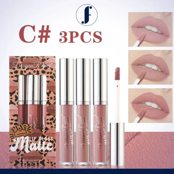 Farjun Matte Non-Stick Liquid Lip Gloss – Set of 3pcs No stickiness. No smudging. Just 3 bold matte shades that stay on all day and keep your lips soft, smooth, and comfortable.