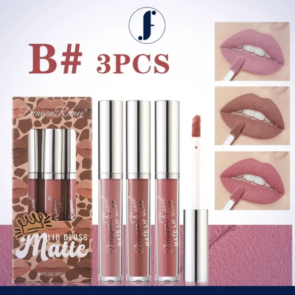 Farjun Matte Non-Stick Liquid Lip Gloss – Set of 3pcs No stickiness. No smudging. Just 3 bold matte shades that stay on all day and keep your lips soft, smooth, and comfortable.
