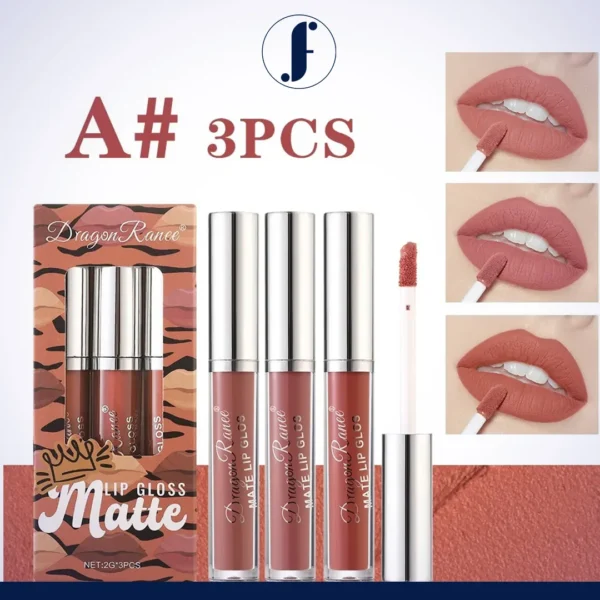 Farjun Matte Non-Stick Liquid Lip Gloss – Set of 3pcs No stickiness. No smudging. Just 3 bold matte shades that stay on all day and keep your lips soft, smooth, and comfortable.
